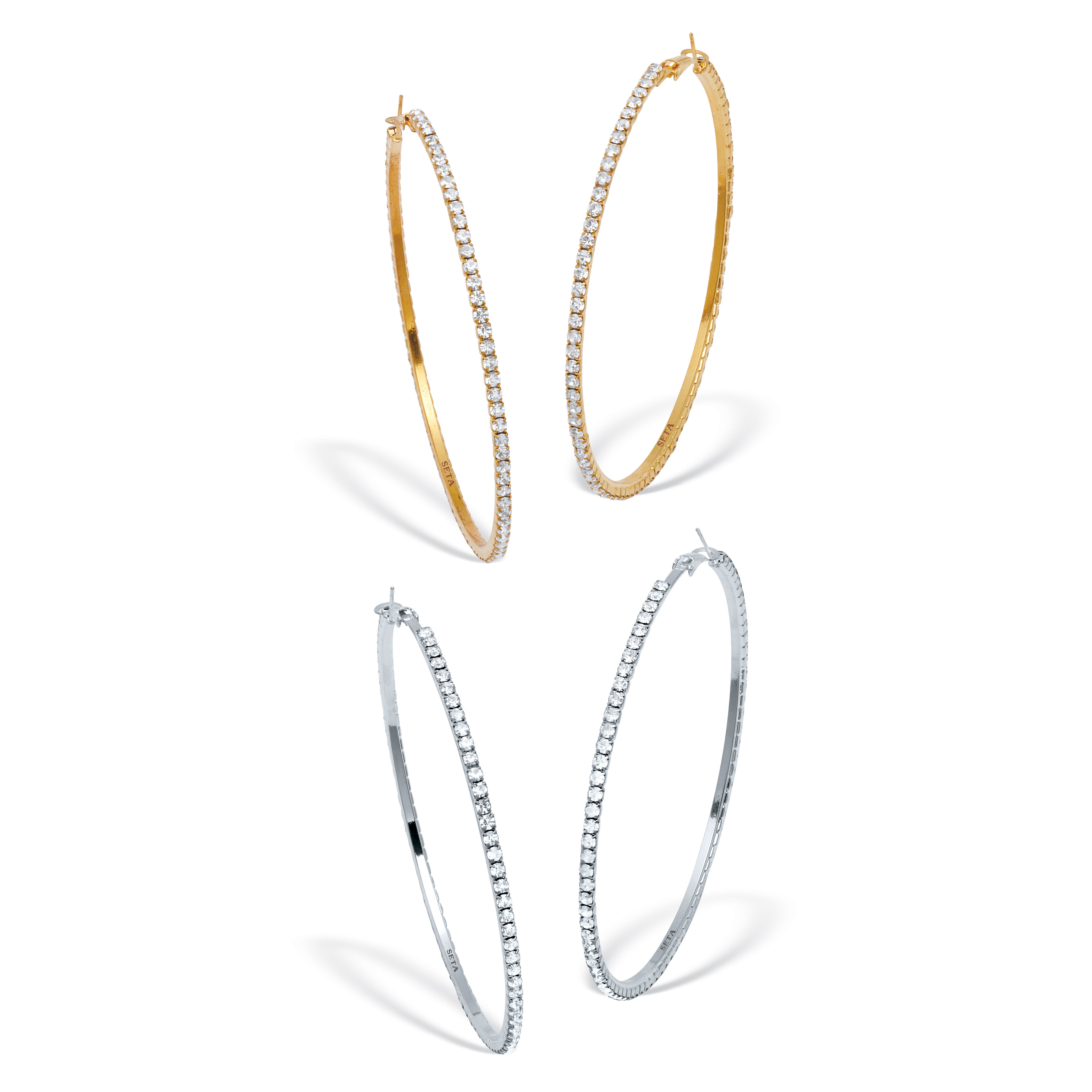 Women's 2 Pair Crystal Hoop Goldtone and Silvertone Earrings by PalmBeach Jewelry in White (Size ONE SIZE)