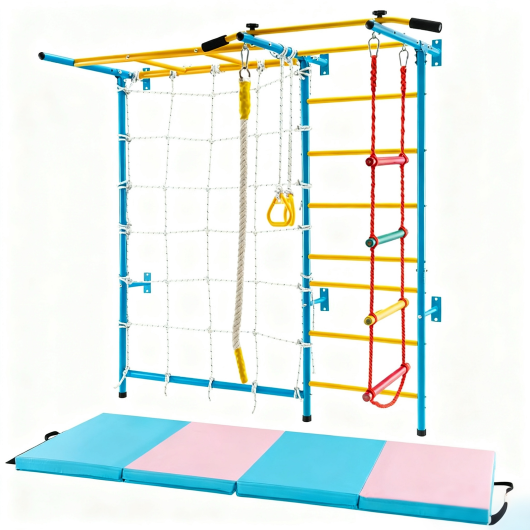 Costway 7-in-1 Swedish Ladder with Folding Gymnastics Mat for Solid Wall for Kids