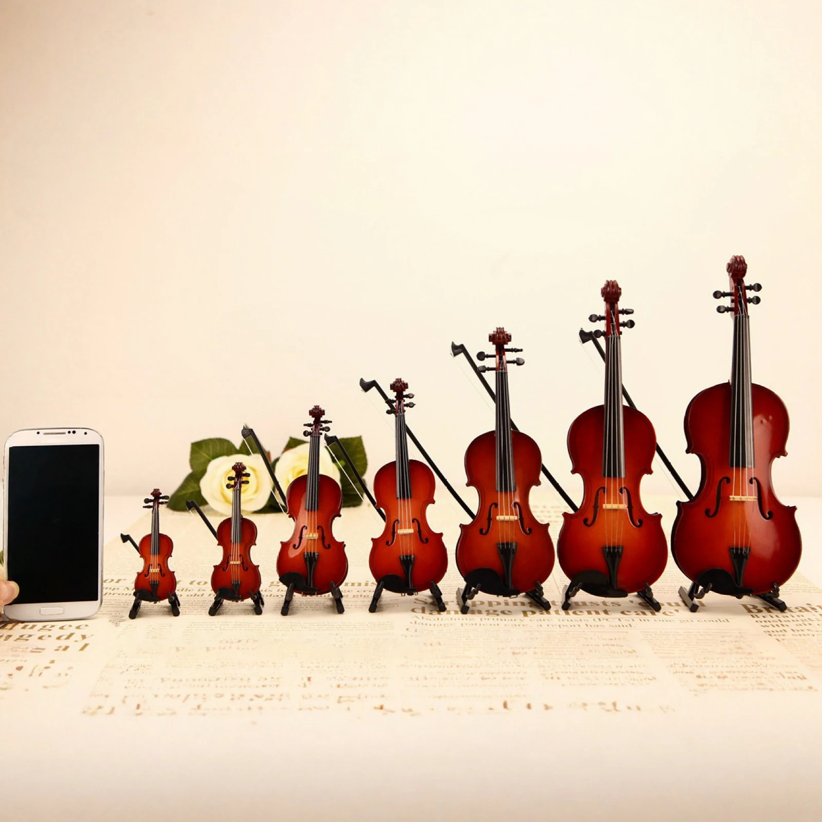 8-25cm Playable Tiny Violin Figurine Wooden Miniature Musical Instrument Musical Violin Ornaments Handmade Violin Model Gift
