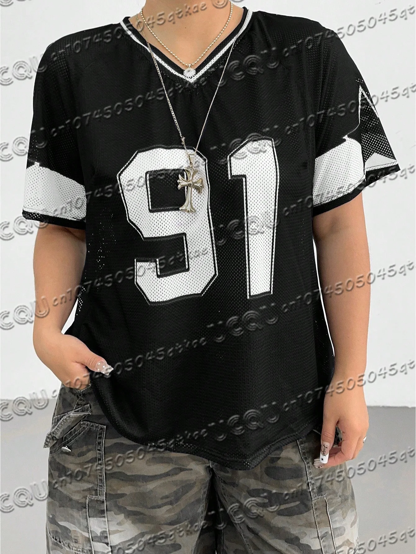 Nr. 91 Jersey-T-Shirt mit Sternmuster für Damen, Sommer, atmungsaktiv, kurzärmelig, Sportbekleidung, lockeres, schnell trocknendes, sexy Oberteil Image