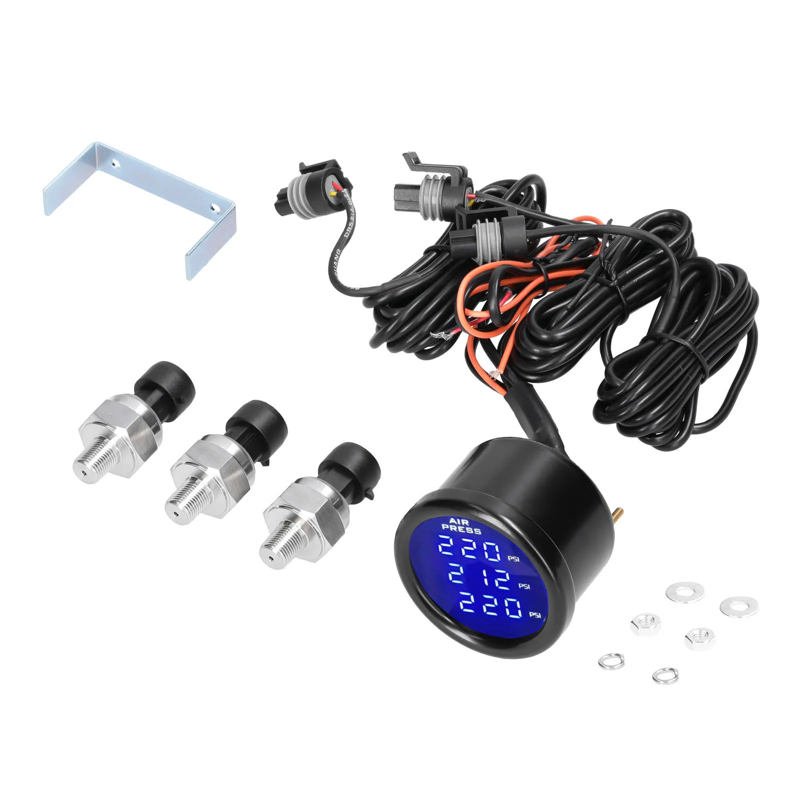 KKMOON Luftdruckmessgerät mit Dual-/Triple-Display, LED-Digital-Luftfederungsmessgerät, 0–220 PSI, 12/24 V, mit 2 Stück/3 Stück 1/8 NPT-Sensoren Image
