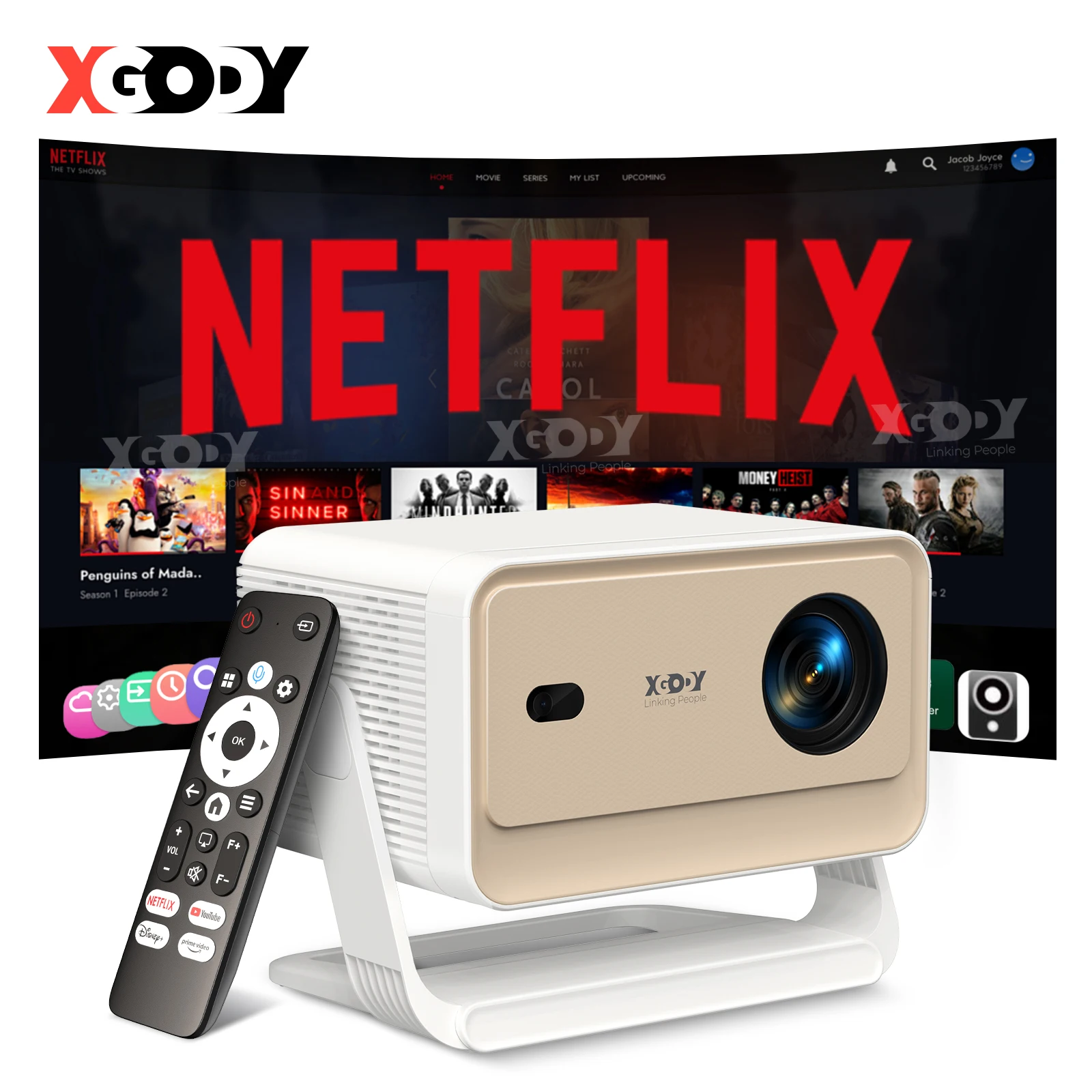 XGODY Projektor N6/N6 Pro Netflix Offiziell 4K Sprachsteuerung Smart Android TV Whale OS 8/32GB ROM für Film-Heimkino Image