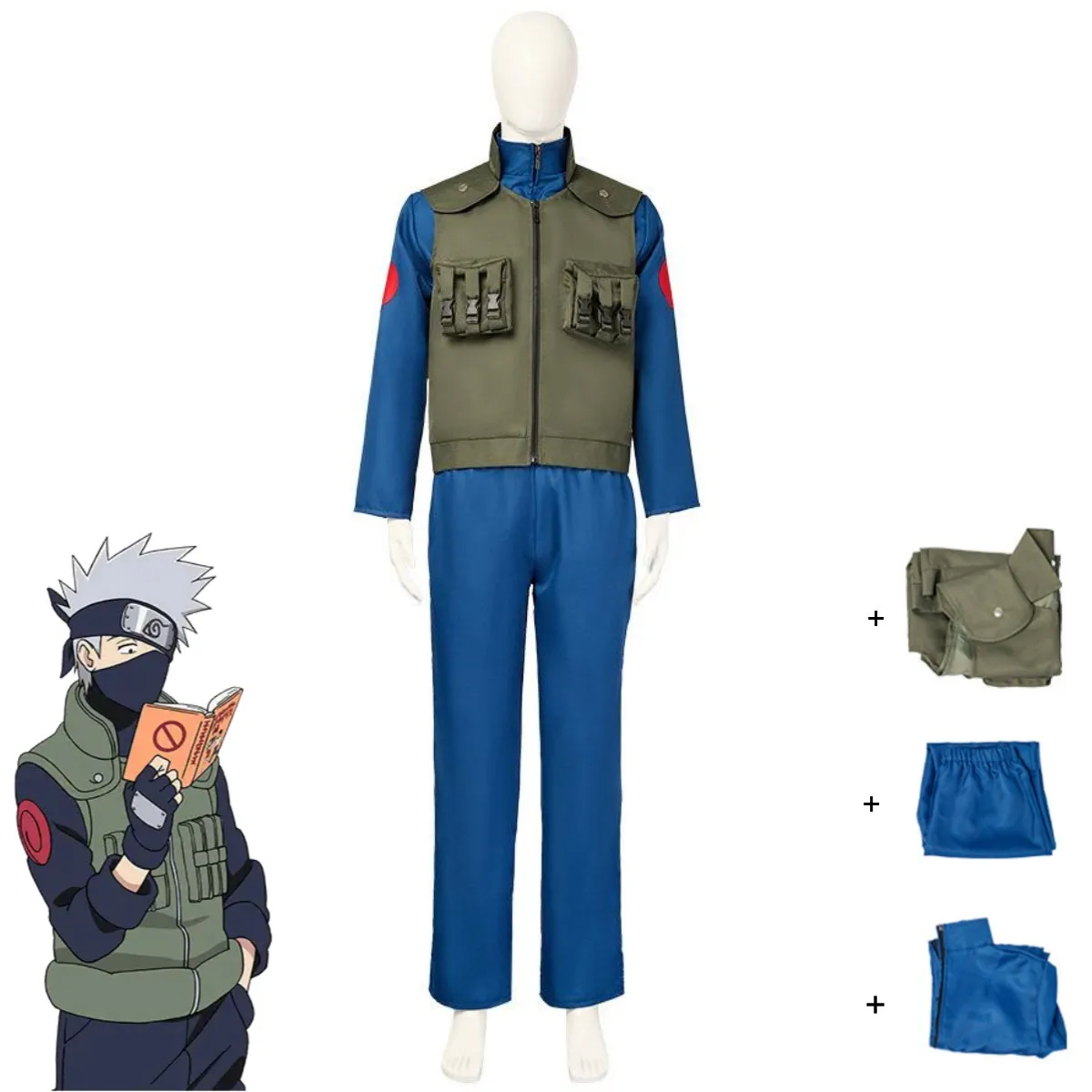 Anime Hatake Kakashi Cosplay Kostüm Blau Lange Ärmel Uniform Tops Grüne Weste Mantel Perücke Mann Frau Halloween Weihnachten Anzug Image