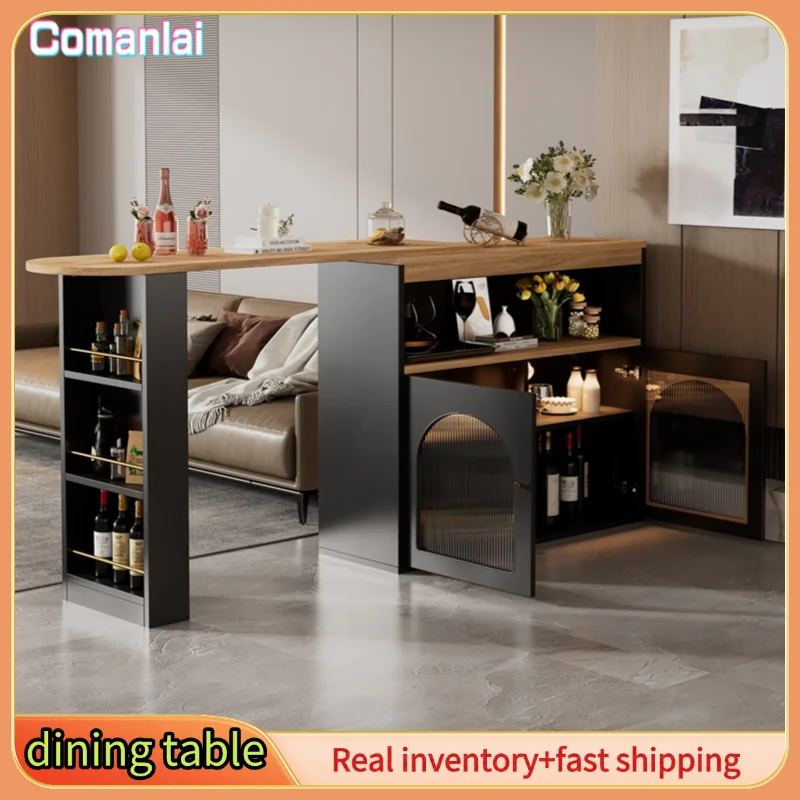 Comanlai Moderner Esstisch, ausziehbarer Bartisch mit Stauraum, drehbar, für Esszimmer, mit LED-Lichtleiste, Schwarz