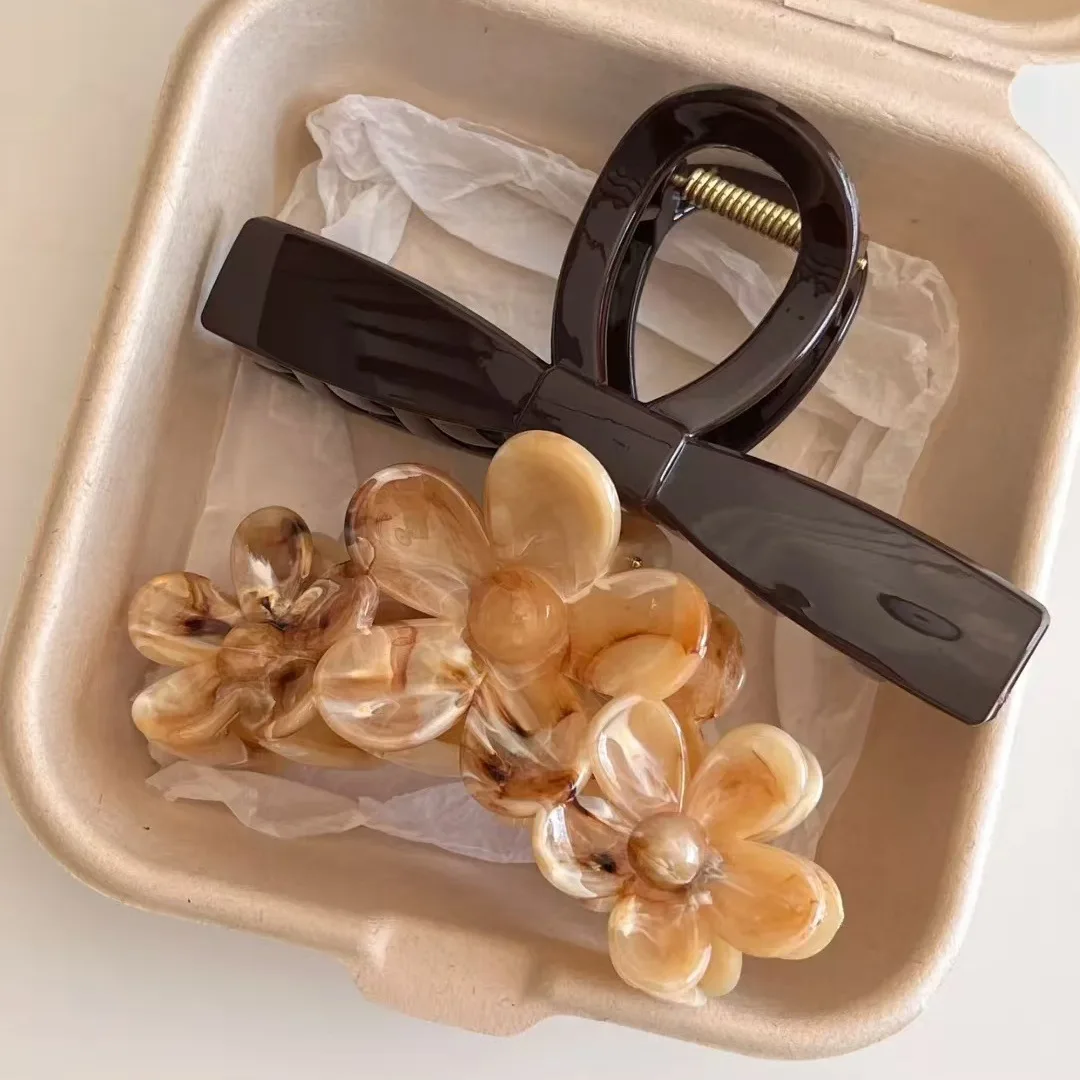 2 Stück Vintage Braun Marmor Blume Schleife Band Große Haarspange Klaue Französisch Stil Hai Pferdeschwanz Clip Ornament Haarschmuck