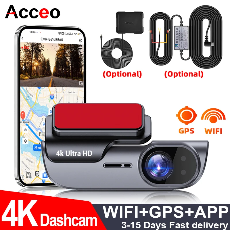 ACCEO Auto-Dashcam, Auto, 4K, vorne, Auto-DVR, Nachtsicht, unterstützt GPS und WiFi, APP, Loop-Aufnahme, Video, Auto-Recorder, 24-Stunden-Parkplatz Image