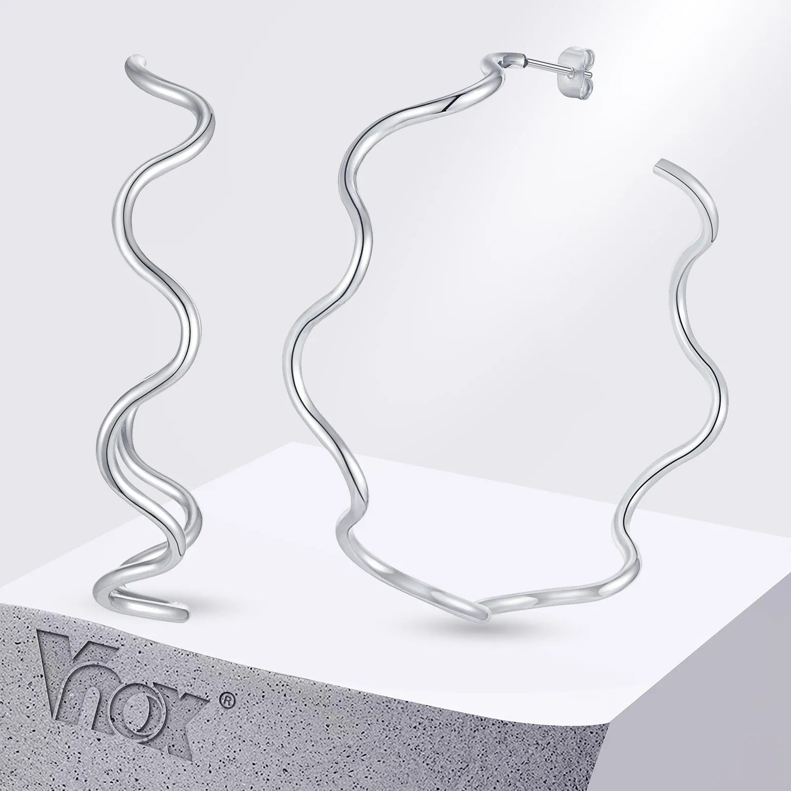 Vnox Edelstahl-Creolen für Damen, Atmosphäre, große Creolen, Welle, C-förmige offene Ohrringe, elegantes Mädchen-Schmuckset