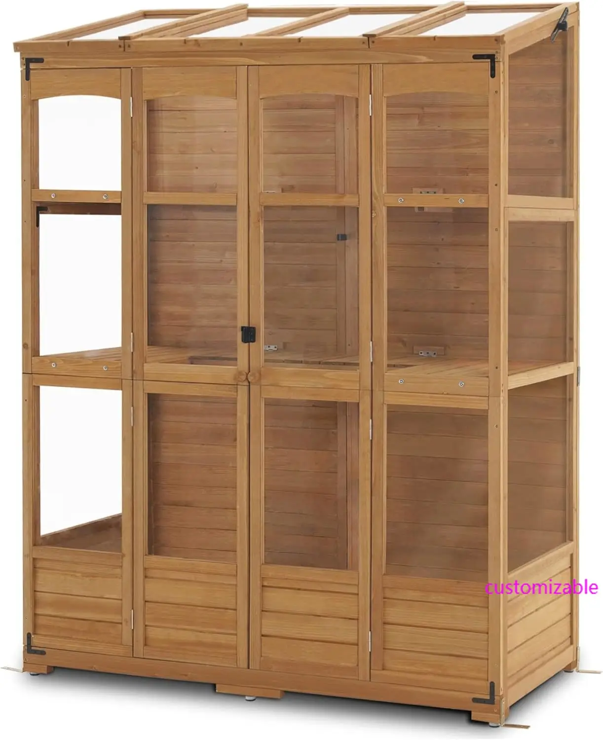 Wooden Greenhouse, Walk-in Outdoor Greenhouse with Openable Roof and Lockable Door, 0899 (Natural)