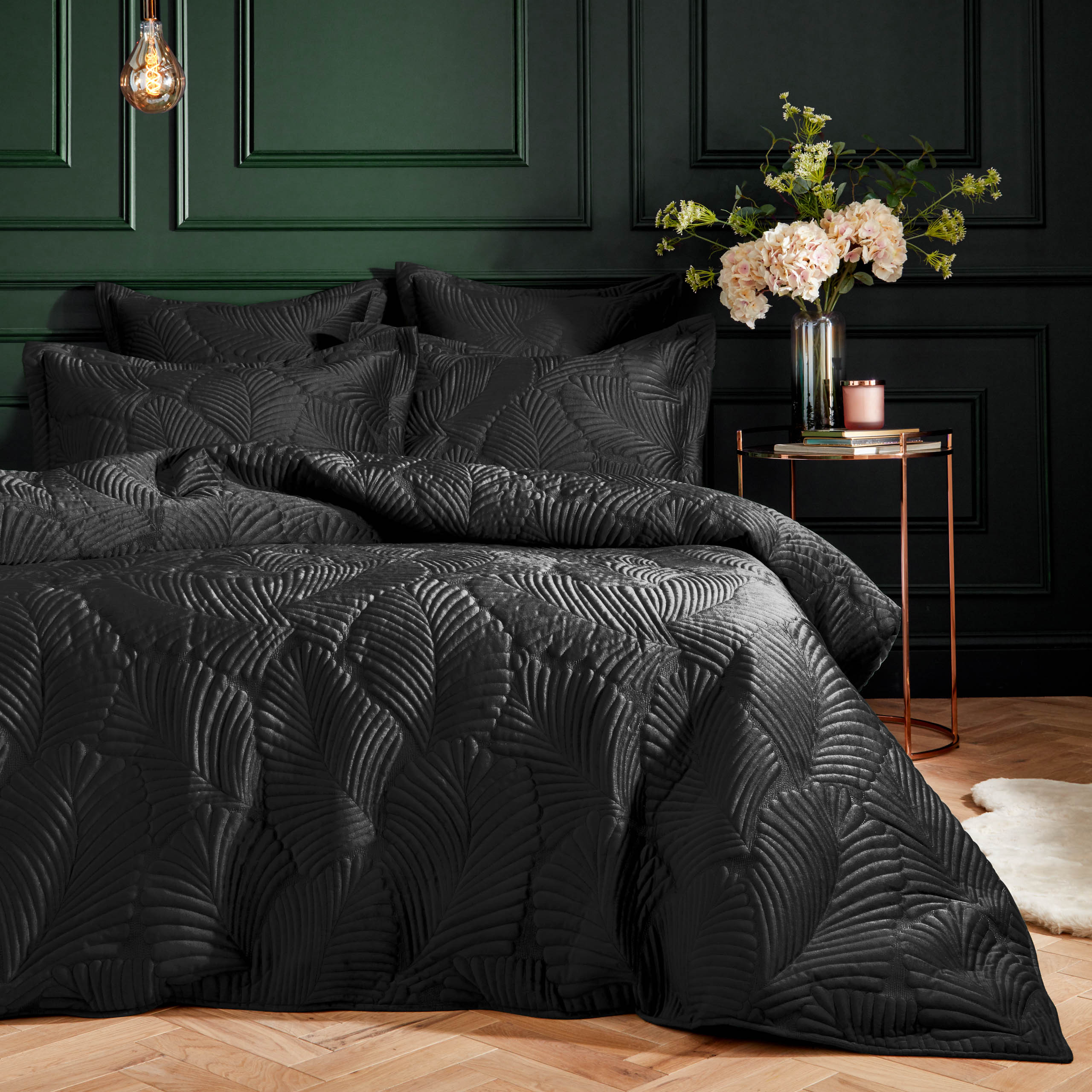 Paoletti Palmeria Quilted Velvet Duvet Cover Set - Black - Size King | Paoletti Sale | Discount Designer Brands