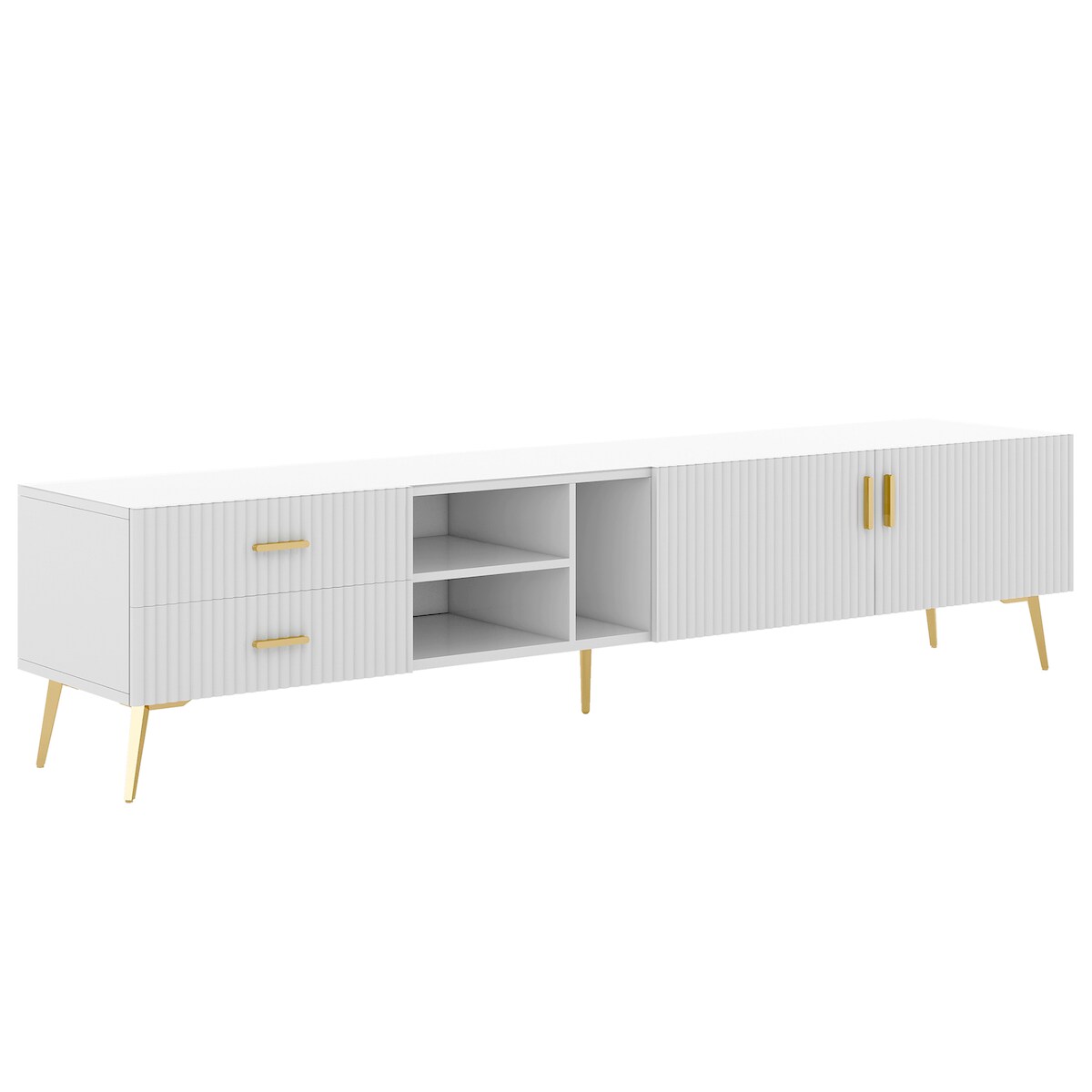 OKWISH TV-Schrank 180x35x41 cm Modern LED Medienkonsole mit 2 Schubladen 2 Türen 3 offene Ablagen Hochglanz Weiß für Wohnzimmer Schlafzimmer Image