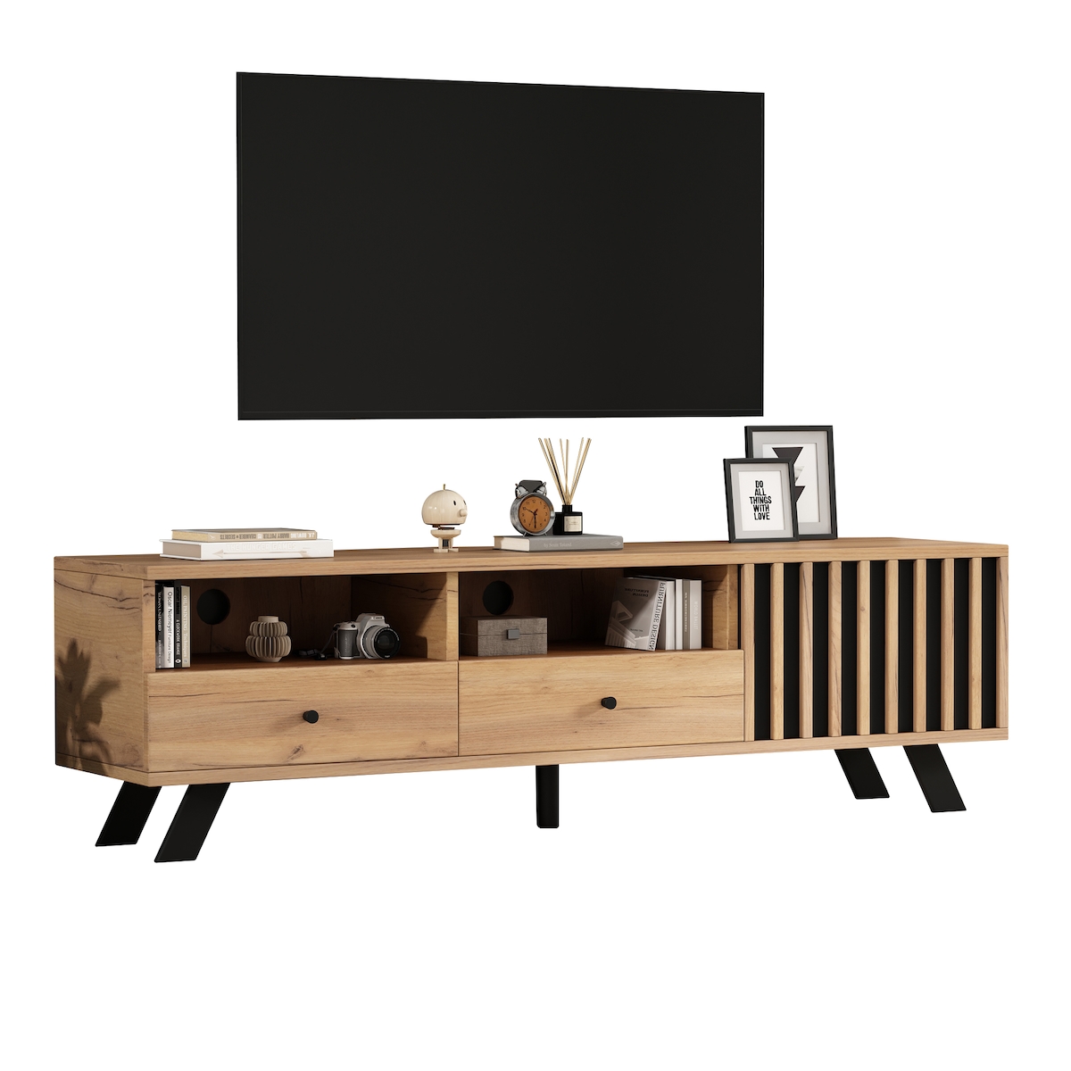 OKWISH TV-Schrank 150x38x44 cm Holzoptik+Schwarz Spanplatte modern Lowboard mit 2 Schubladen 1 Schrank halboffenem Stauraum für 60 Zoll Fernseher Image
