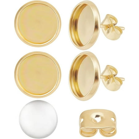 1 Box 40Pcs 10mm Earring Bezel Tray and 40Pcs Clear Cabochons Real 18K Gold Plated 304 Stainless Steel Flat Round Cabochon Earring Blank Post for DIY Earring Making Real 18K Gold Plated