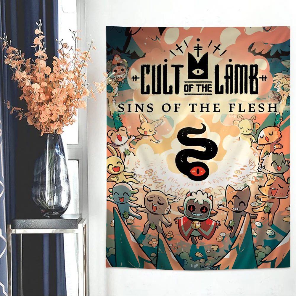 Cult of The Lamb Videospiel Anime Wandteppich – Tarot- und Hippie-Design, funktioniert als Wandteppiche für Wohnheim und Heimdekoration
