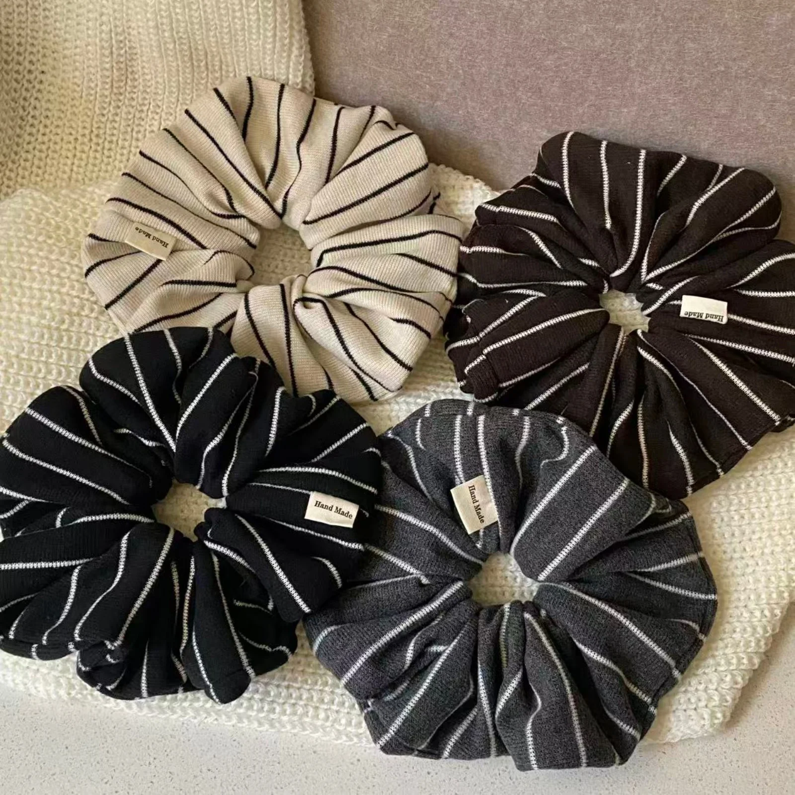 1 STÜCK Gestreifte Haargummis, handgefertigte, neutrale, gestreifte Haargummis, elastische Haarbänder, Zubehör für Frauen und Mädchen, Alltagskleidung Image