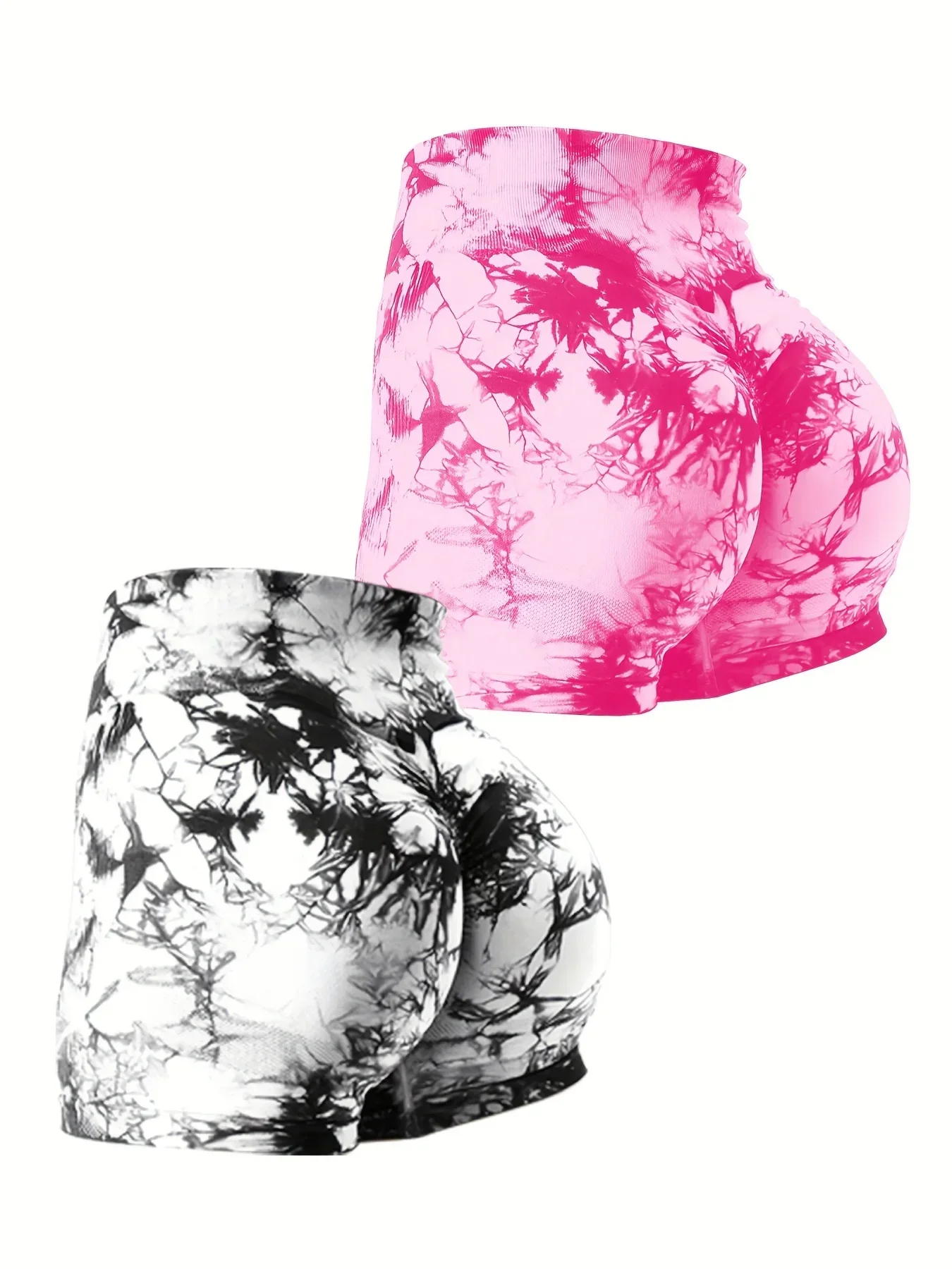 2-teiliges Set aus hoch taillierten, Scrunch-Po-Lifting-Fitnessshorts mit Batikmuster für Damen – dehnbar, schweißableitend und atmungsaktiv Image