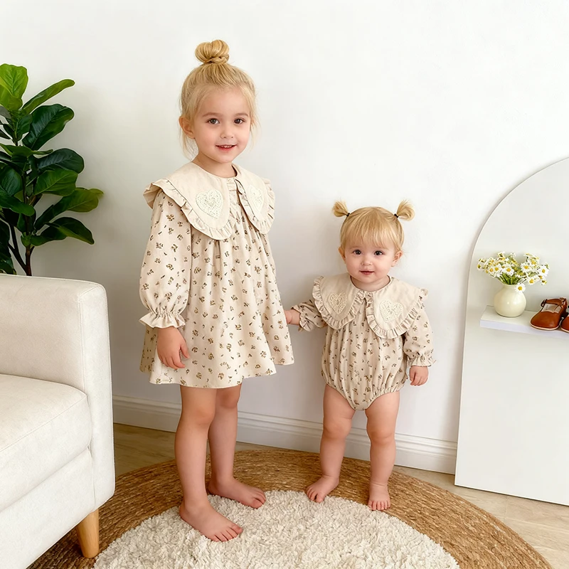 Neugeborene Mädchen Bodys Overall Outfits Familie Schwester Kleid Gestickte Schleife Outfits Baumwolle Spitzenkragen Säugling Baby Mädchen Kleid Image