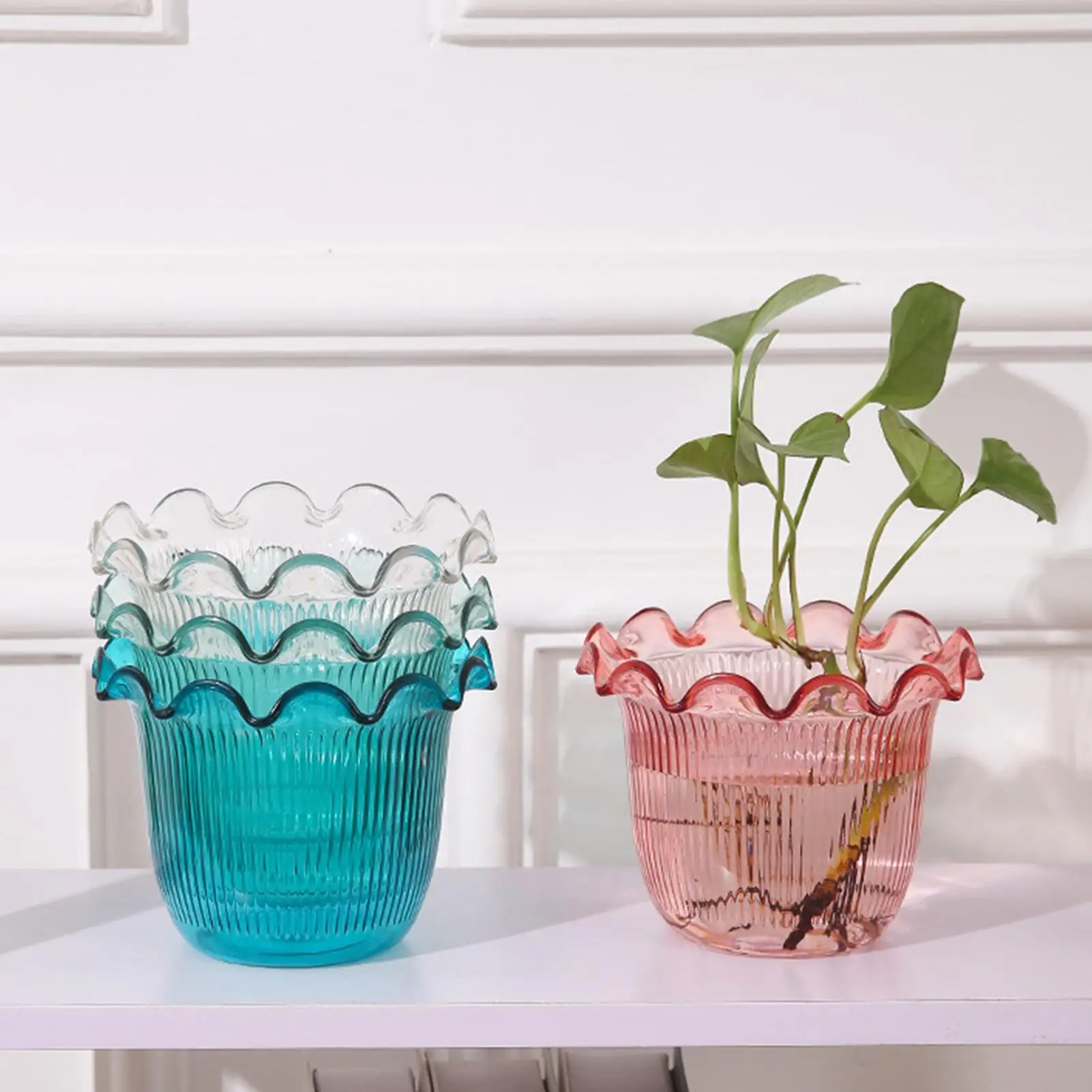 Klare Blumenvase, Wasserpflanzenvase, Hydrokultur-Pflanzgefäß für Fotohintergrund, Urlaub, Hotellobby, Bücherregal, Veranstaltung, Staging, Arbeitsplatz Image