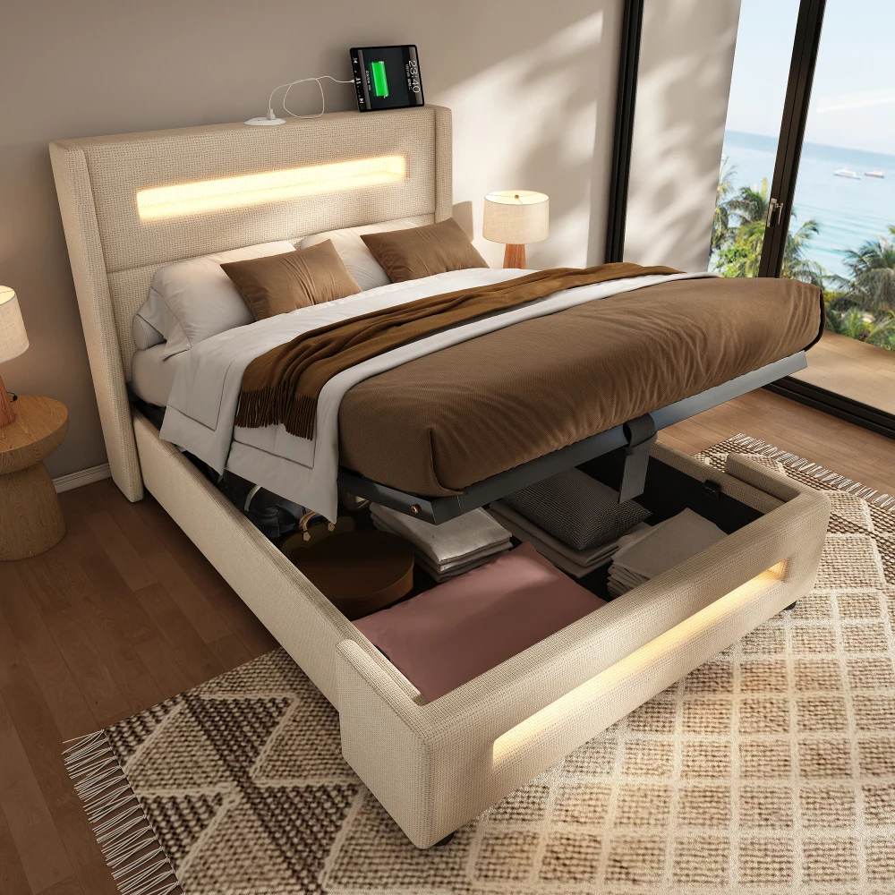 Gepolstertes Einzelbett 90x200 cm, Jugendbett mit LED, Bett mit hydraulischem Stauraum und USB-Typ-C-Aufladung, ohne Matratze.