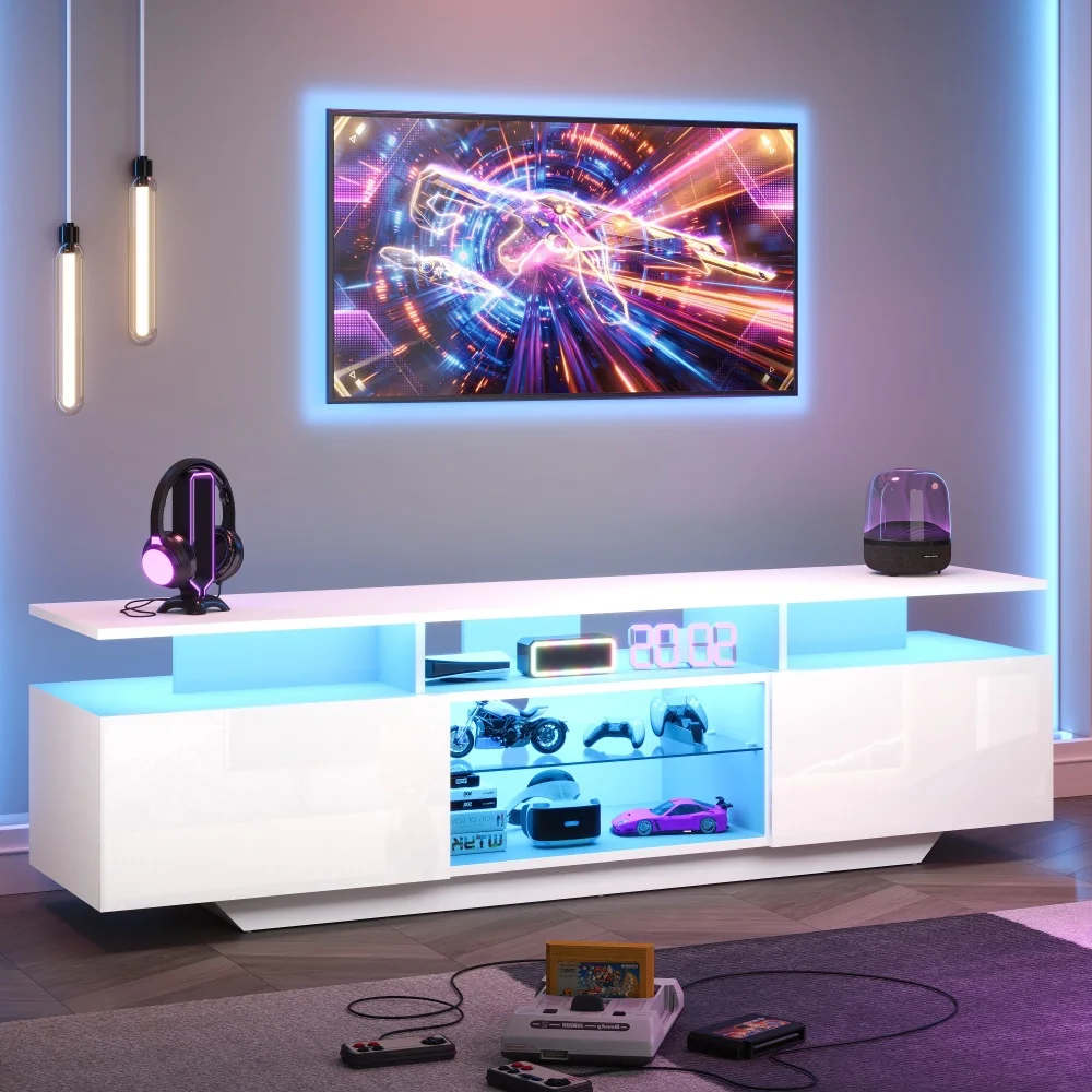 Meuble TV 160*40*45cm, meuble TV avec 2 armoires, meuble TV haute brillance avec barre lumineuse LED, avec 8 étages de rangement, pour TV de 70 pouces