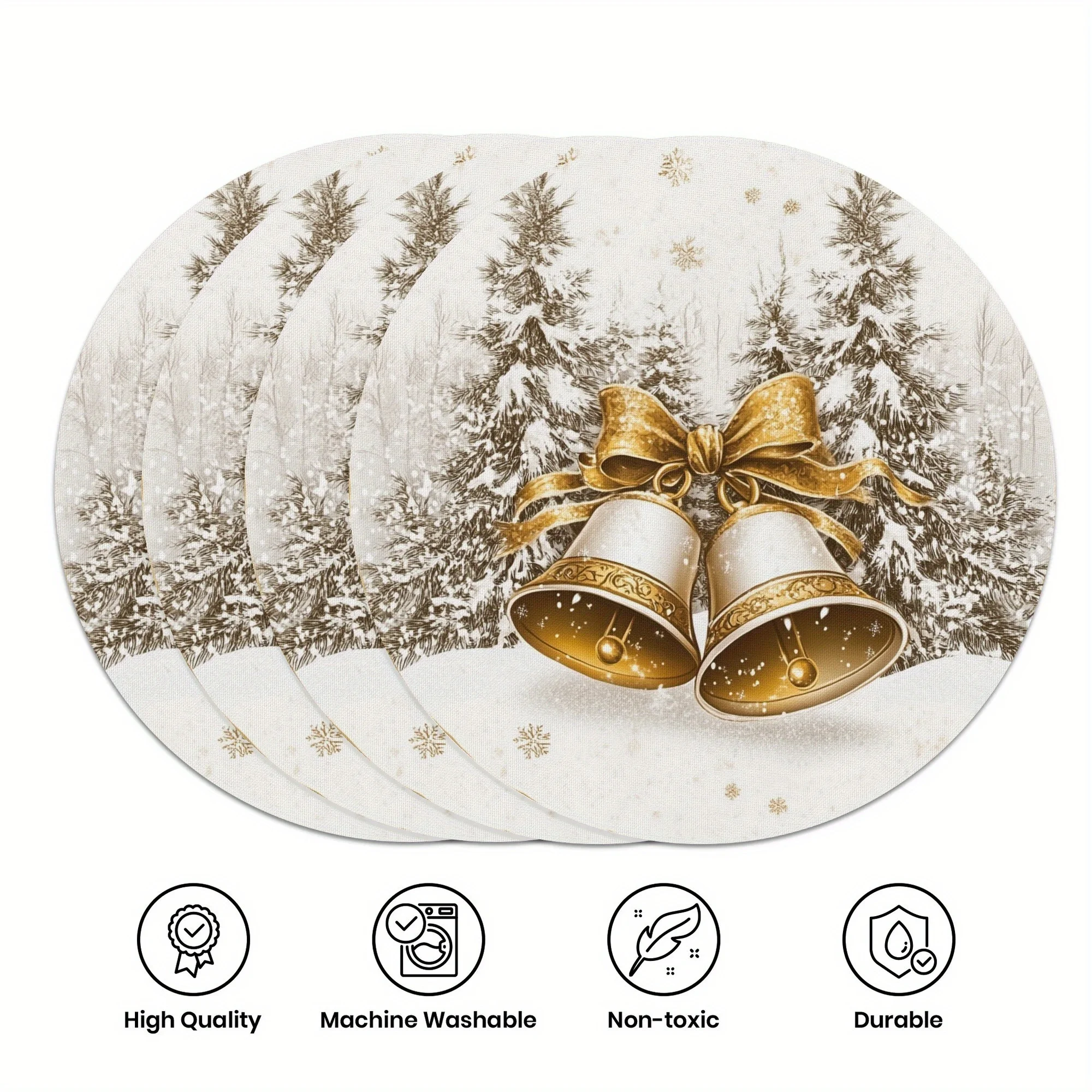 VIKAMA 4-teilige Weihnachts-Tischsets mit goldener Glocke, leicht zu reinigende Familienfeiern, Weihnachtsfeiern, Feiertags-Tischdekoration und Zubehör Image