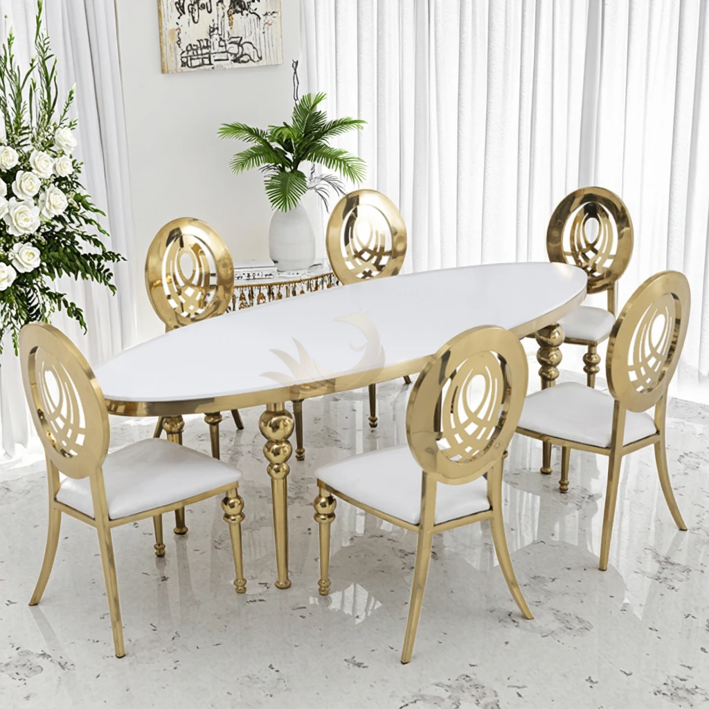 Moderner wasserdichter und rostfreier ovaler Mlirror-Tisch aus Edelstahl mit Glasplatte, modernes Design, Hotelmöbel, Marktrestaurant