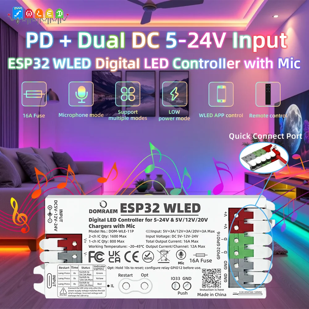 PD Power Fast Setup DOMRAEM ESP32 WLED-Controller mit Mikrofon, Dual 5–24 V DC-Eingang, 16 A Sicherung für WS2811 WS2812B WS2805 SK6812 APA102 Image