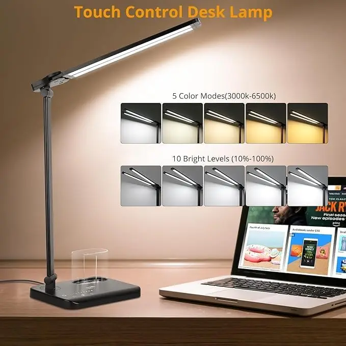 Dimmbare LED-Schreibtischlampe mit USB-Ladeanschluss, Dual-Swing-Armekt, Tischlampe, Schreibtischlampe für Zuhause, Büro, Wohnheim, Klavier, Nägel