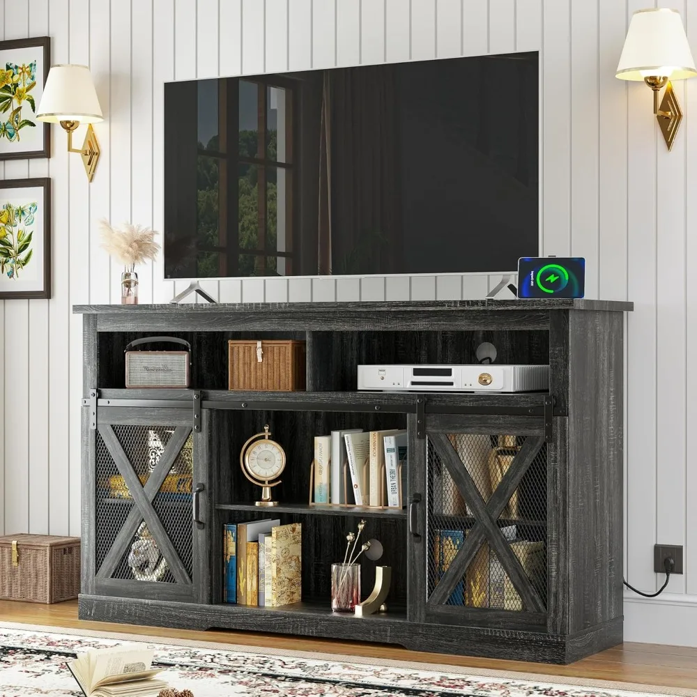 Farmhouse TV Stand for 65+ Inch TVs, Tall TV Stands with Power Outlets, Tall Entertainment Center with Sliding Barn Door