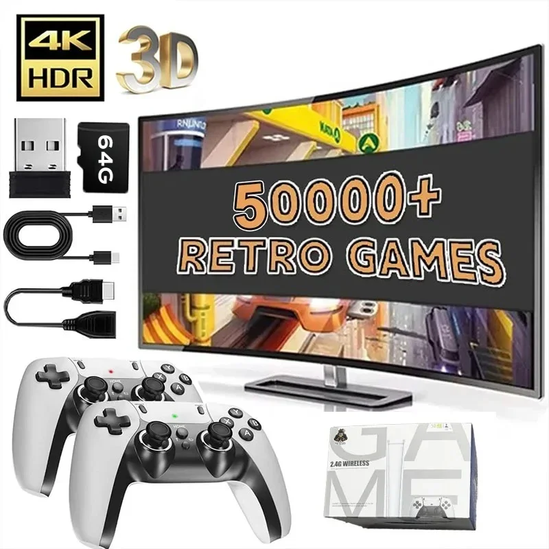 64G Game Stick M15 4K Video TV Game Console Wireless Gamepads Video Game 64G 40000+/50000+ Classic Arcade Games HD Two-player