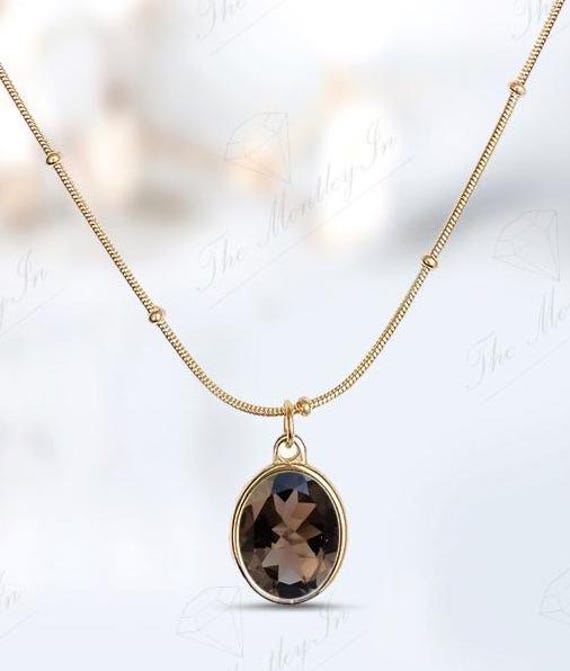 Ciondolo vintage in quarzo fumé per donna, ciondolo con pietra preziosa marrone unica, collana da sposa in quarzo fumé in oro 14 carati, ciondolo con