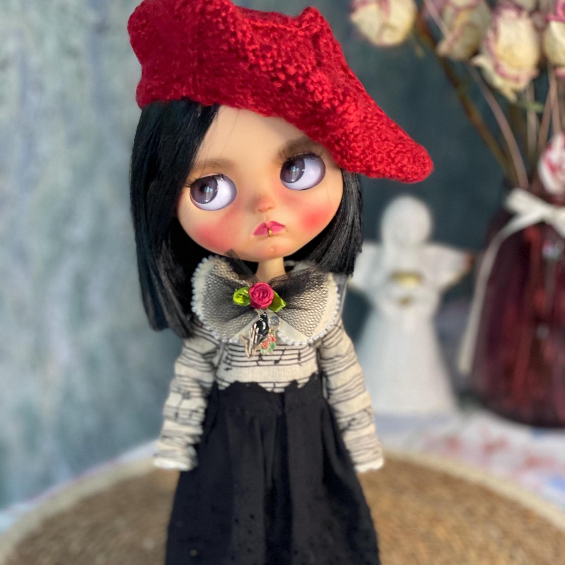 Abito lungo vintage Blythe con basco, abito Blythe, abito per bambola Blythe, abito boho Blythe, abito retrò Blythe, vestito per bambola Blythe, Pulli