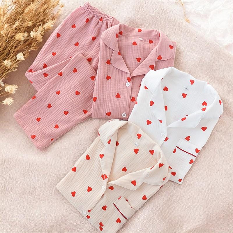 Pigiama da donna in cotone / Pigiama a maniche lunghe con bottoni / Pigiama da notte con stampa a cuore / Pigiama morbido e traspirante