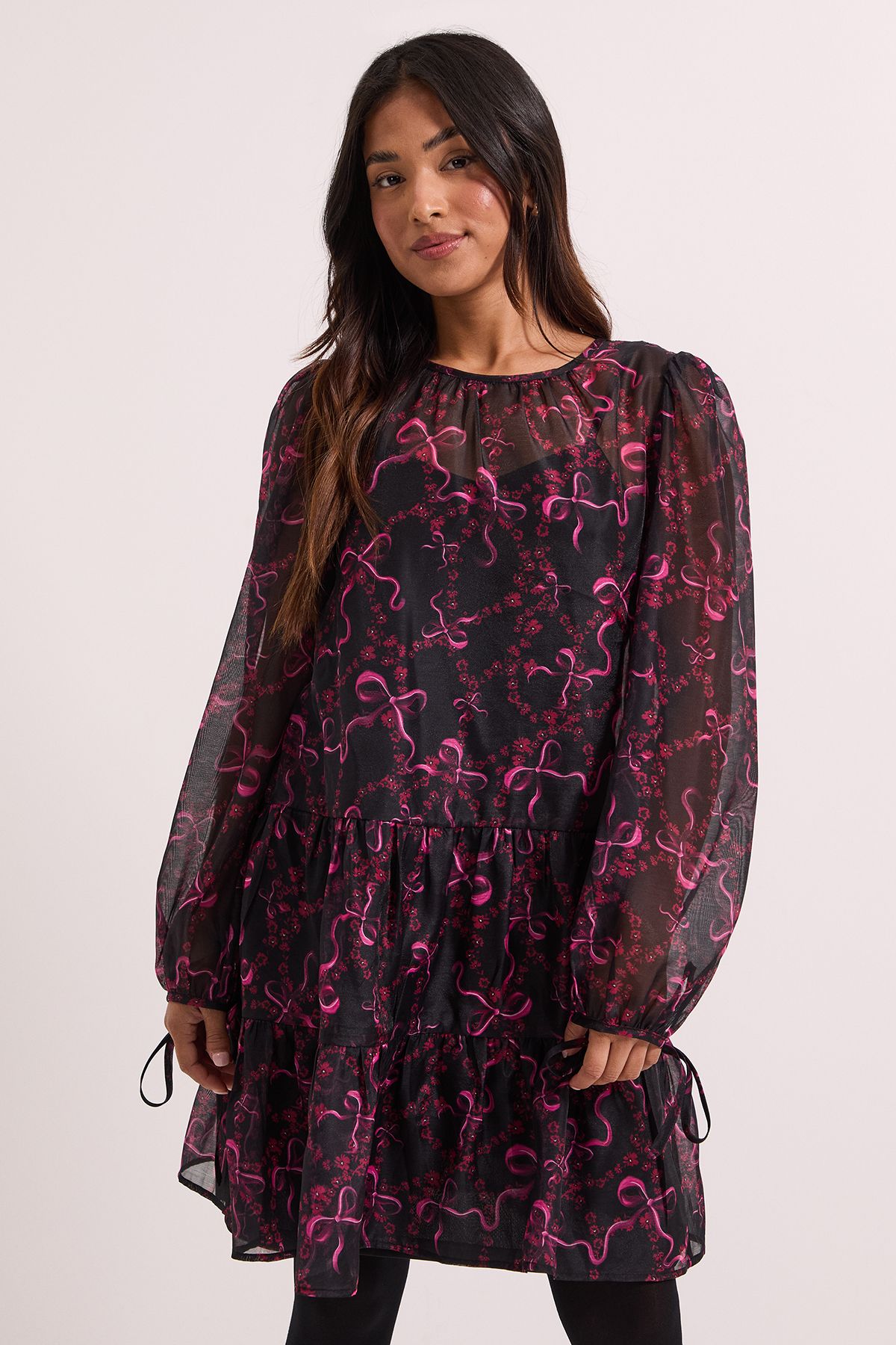 Dorothy Perkins Womens Petite DP Luxe Printed Organza Blouson Sleeve Mini Dress - Monochrome Multi - Size 18 UK