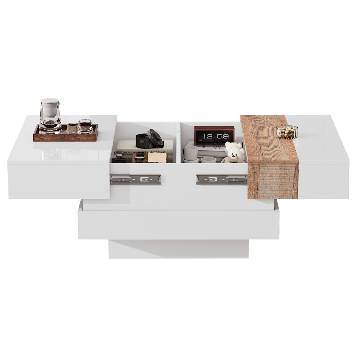 OKWISH Quadratischer Couchtisch Ausziehbar mit Hochglanzplatte und Stauraum, 70x70x39 cm, Funktional für Wohnzimmer, Weiß + Originalholzfarbe Image