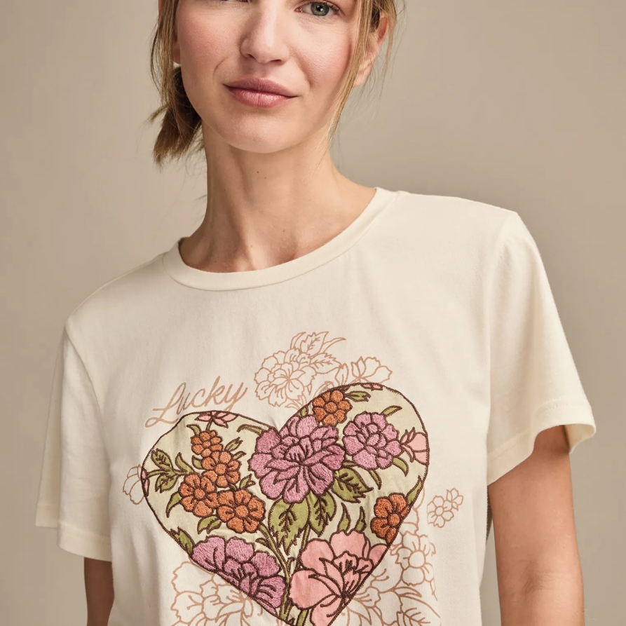 Lucky Brand Heart Floral Classic Crew in Butter Cream, Size S