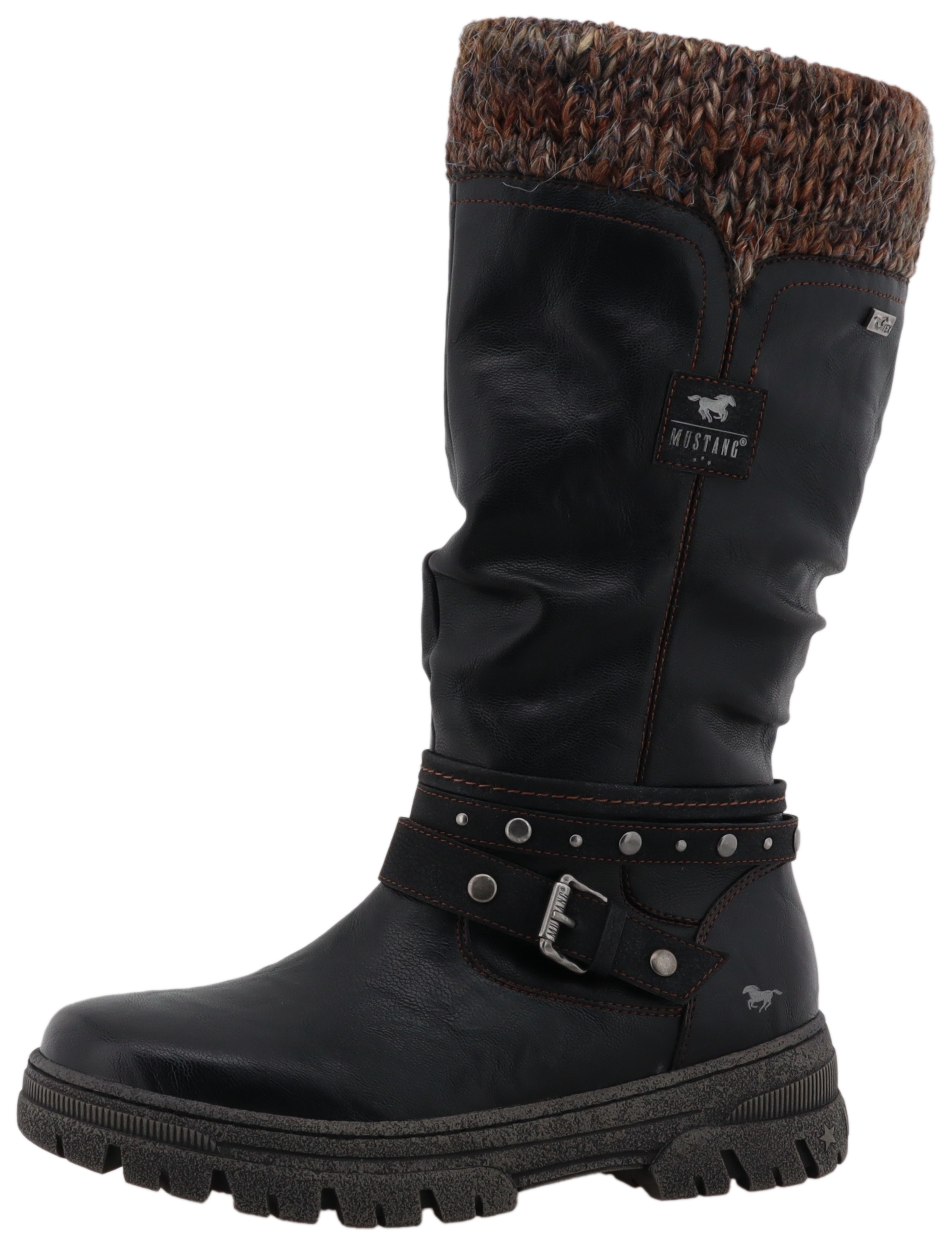 Winterstiefel MUSTANG SHOES "Tabitha", Damen, Gr. 38, Normalschaft, schwarz, braun, Lederimitat, Textil, Schuhe Winterstiefel, Stiefel mit Zierriemchen und Blockabsatz