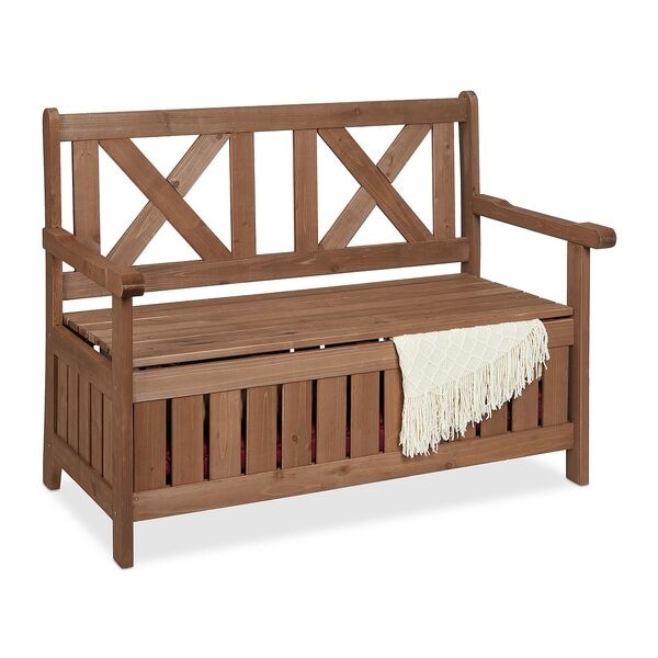 relaxdays Holz-Gartenbank mit Stauraum dunkelbraun braun, 106 cm Image