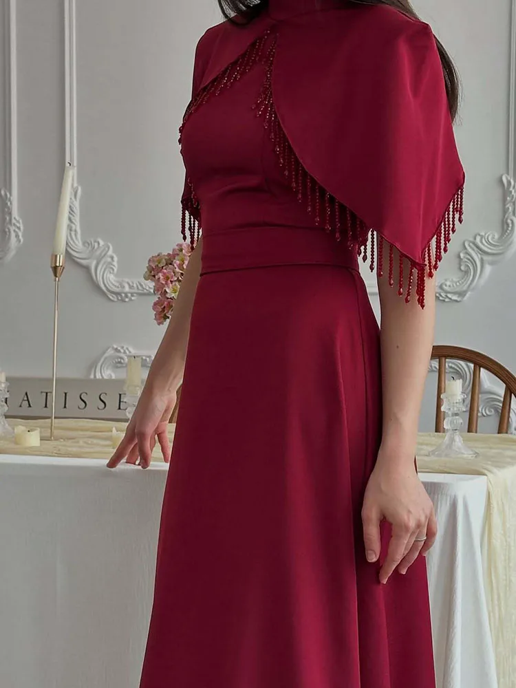 Dame Einfarbig Schlank Bankett Kleid Neue Sommer Hohe Taille bodenlangen Langes Kleid Temperament Stehkragen Quaste Perlen kleid Image
