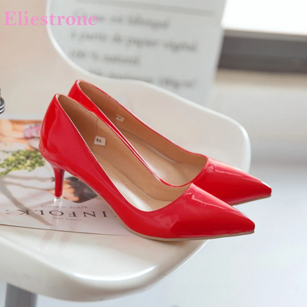 Frühling Neue Glänzende Aprikot-Weiße Damen Nude Pumps High Heels Büro-Damenschuhe Plus Große und Kleine Größen 30 43 45 48