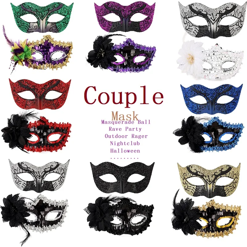 Paar-Masken für Maskerade-Party, elegante, mit Federn bestickte venezianische Karnevalsmaske, Paar verstellbare Luxus-Ball-Hochzeitskostüm Image