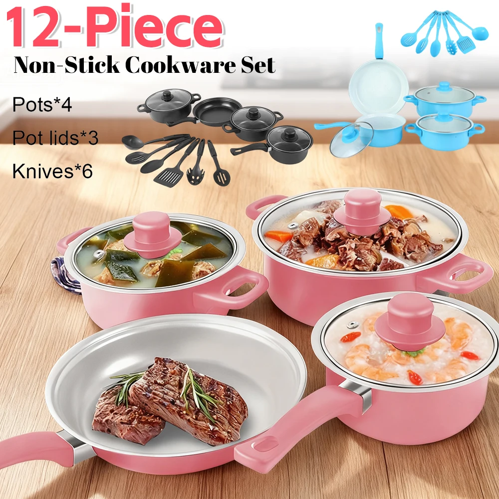 12-teiliges, luxuriöses, antihaftbeschichtetes Kochgeschirr-Set, Bratpfanne, Auflauf, Schüssel, Wok-Pfanne, vielseitiges, stilvolles, langlebiges Outdoor-Set für alle Arten Image