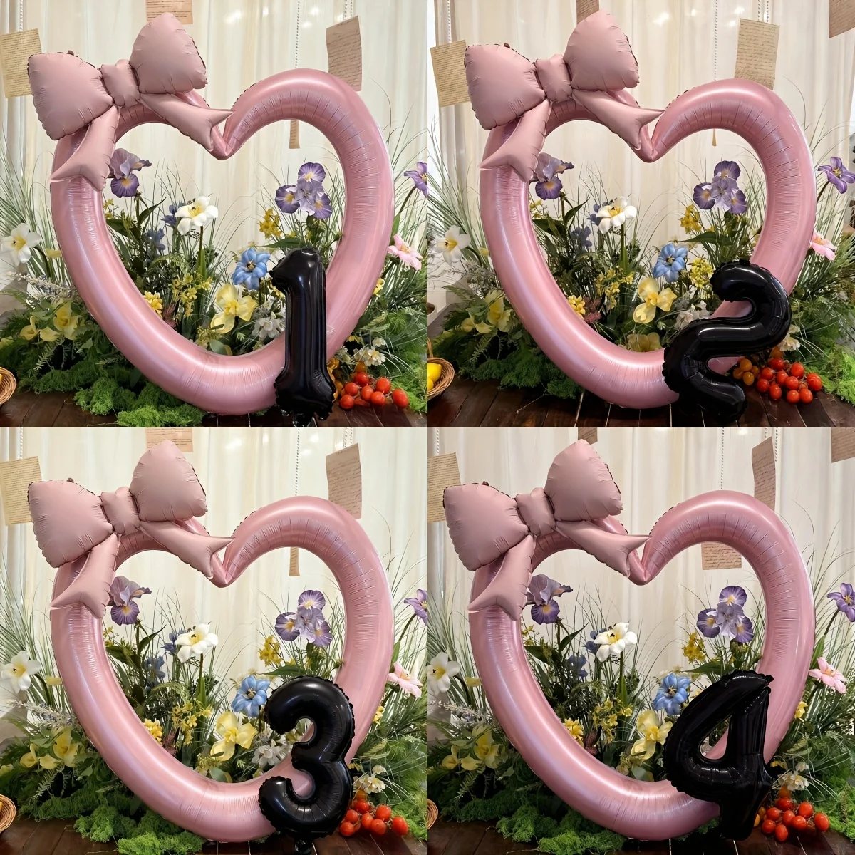 3 Stück große hohle rosa Herz-Luftballons, 40,6 cm, schwarze Zahl 0–9, Ballon-Set, mattrosa Schleife, Geburtstagsparty-Dekoration, Foto-Requisiten Image