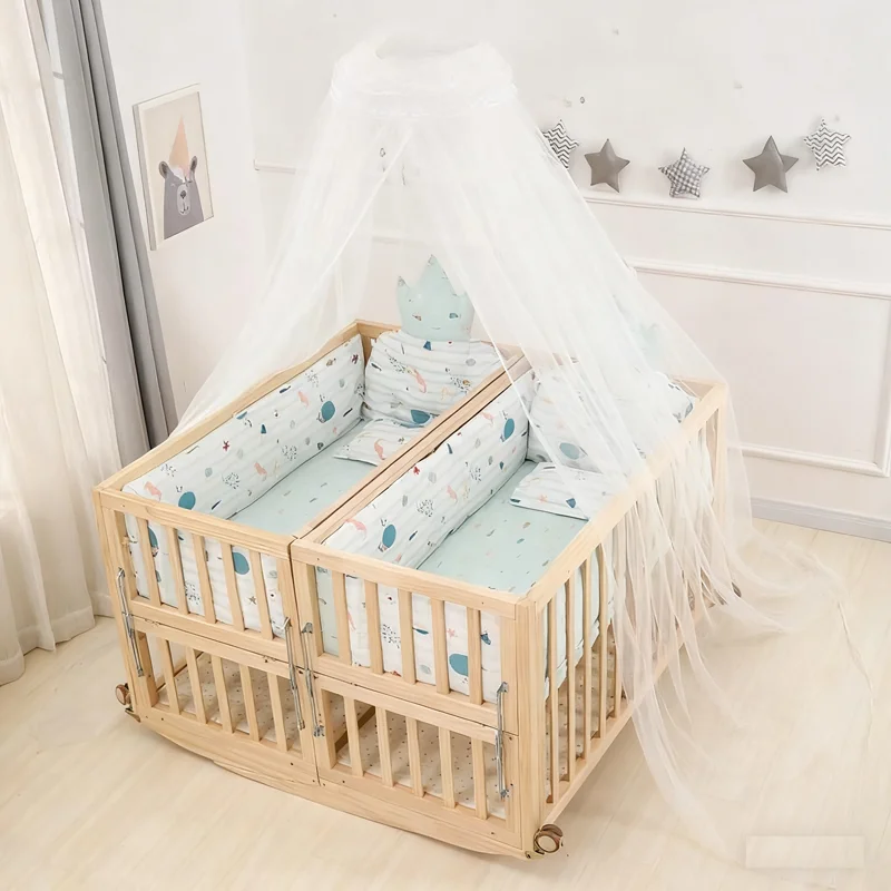 Twins Crib Splicing Big Bed, BB Cradle für Neugeborene, Doppelbett für Kinder, umwandelbares Twin-Kinderbett Image