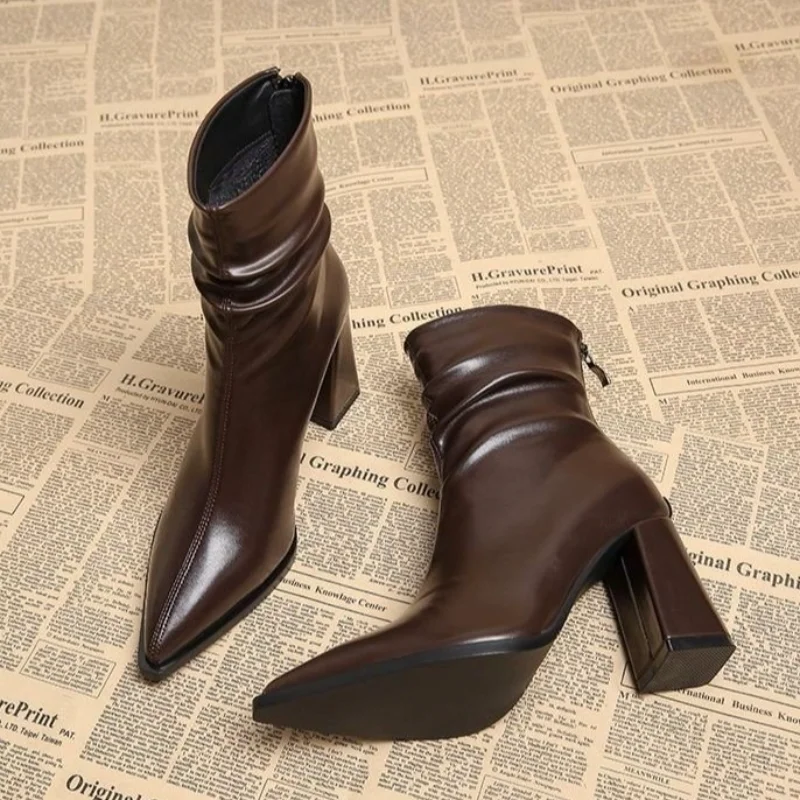 Herbst Damen High Heel Stiefeletten Neue Winter Plus Samt Spitzschuh Blockabsatz Chelsea Stiefel für Frauen Schuhe mit Absatz Kleid