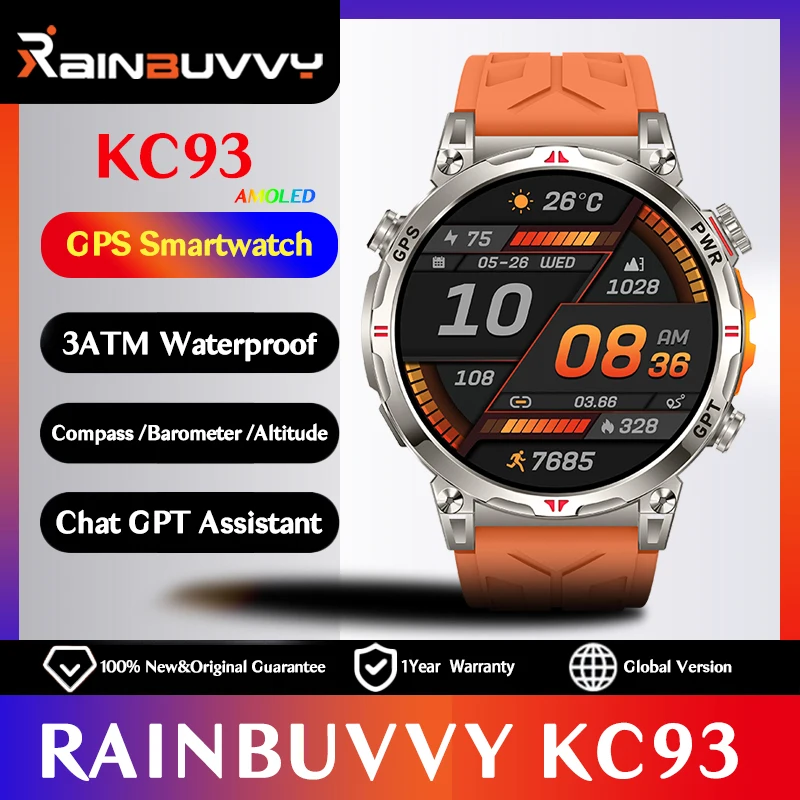 Rainbuvvy KC93 GPS Sports Smart Watch 1.32'' AMOLED Screen 3ATM Waterproof Wrist Watch 650mAh Battery Elevation Pressure Compass
