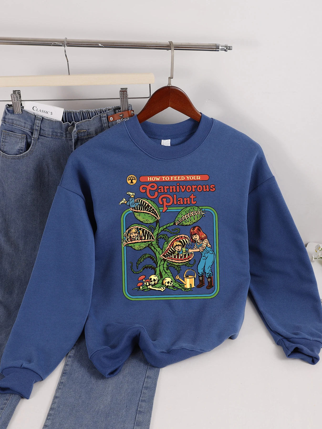 Earnivorous Plant Design Women Sweatshirt Fashion Warm Pullovers Casual Loose Soft Streetwear Autumn Fleece Female Clothing