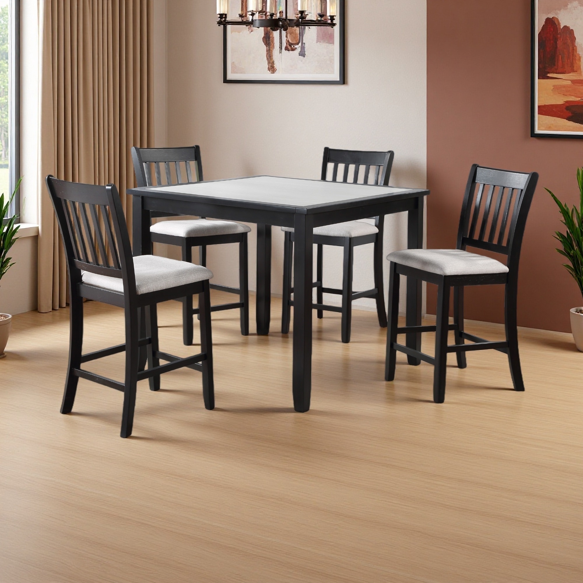 Set of 5 Square 42" Counter Height Dining Table with 4 Upholstered Chairs - Two-Tone Dark Brown Wooden Set with Cushioned Seats