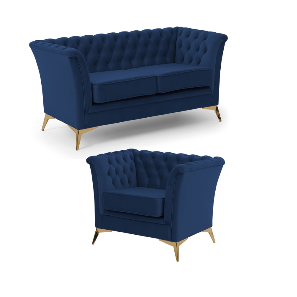 Ensemble de canapés Chesterfield 2+1 en velours bleu marine