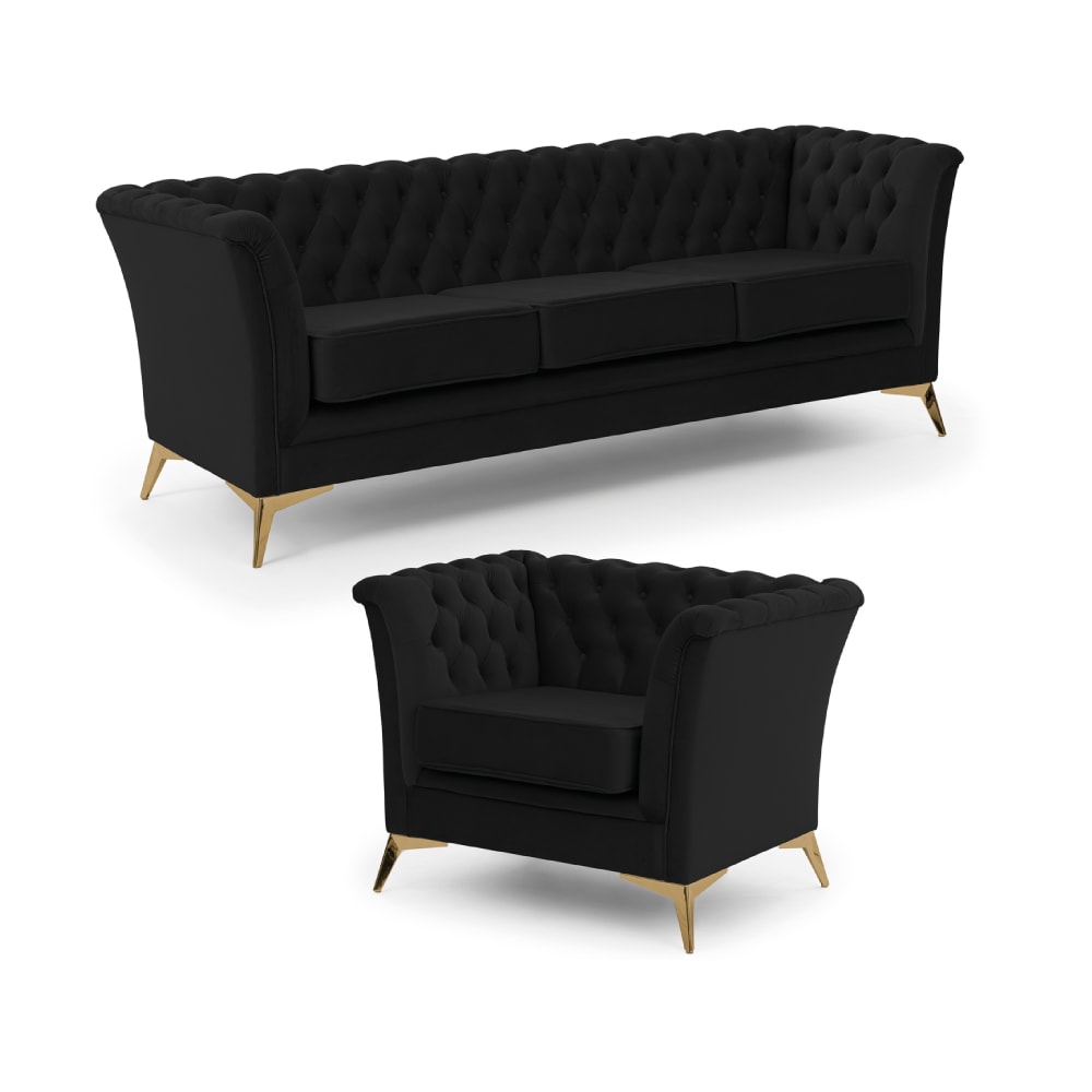 Ensemble de canapés Chesterfield 3+1 en velours noir