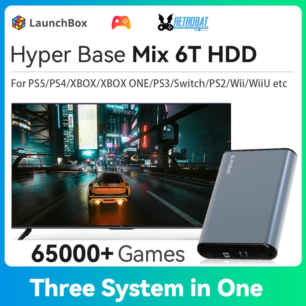 Hyper Base Mix Retro-Spielekonsole, tragbare Ext 6T-Gaming-Festplatte mit 65000+ 3D/AAA/Retro-Spielen für PS5/PS4/PS3/PS2/XBOX/Switch/WiiU